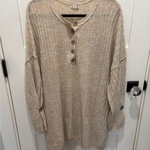 Free People Tan Ribbed Tunic Sweater with Mandarin Collar